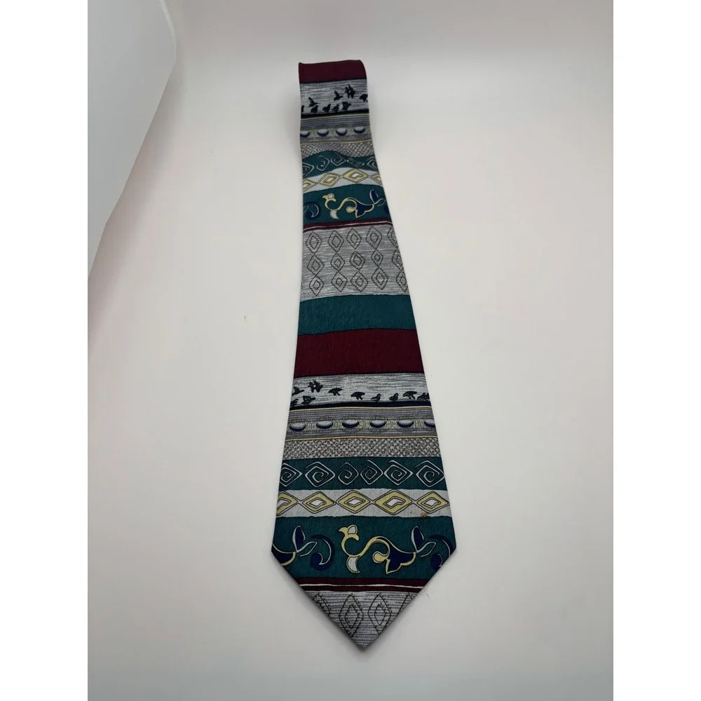 Master-Man Vintage Hand Made Necktie Teal Burgundy Geometric Abstract Pattern